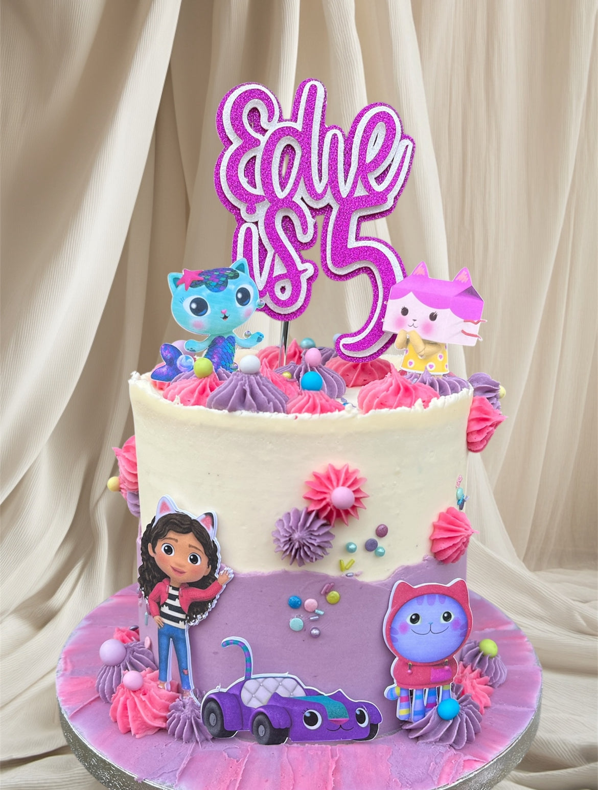 Gabbys Dollhouse inspired cake topper and charm set