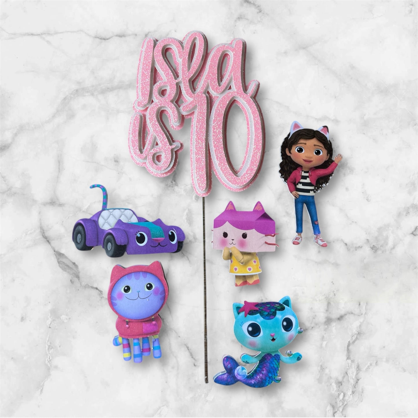 Gabbys Dollhouse inspired cake topper and charm set